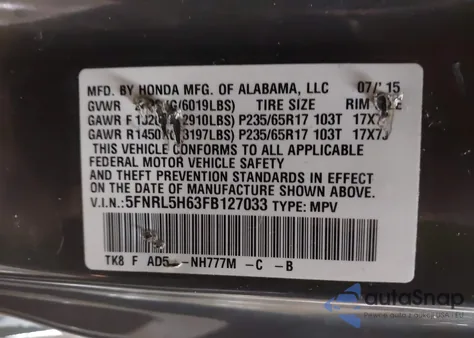 2015 Honda Odyssey Ex-L z USA, uszkodzony, nr VIN 5FNRL5H63FB127033